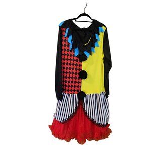 Adult Clown Costume Dress Long Sleeve Red Skirt Striped & Checkered Accents Hall
